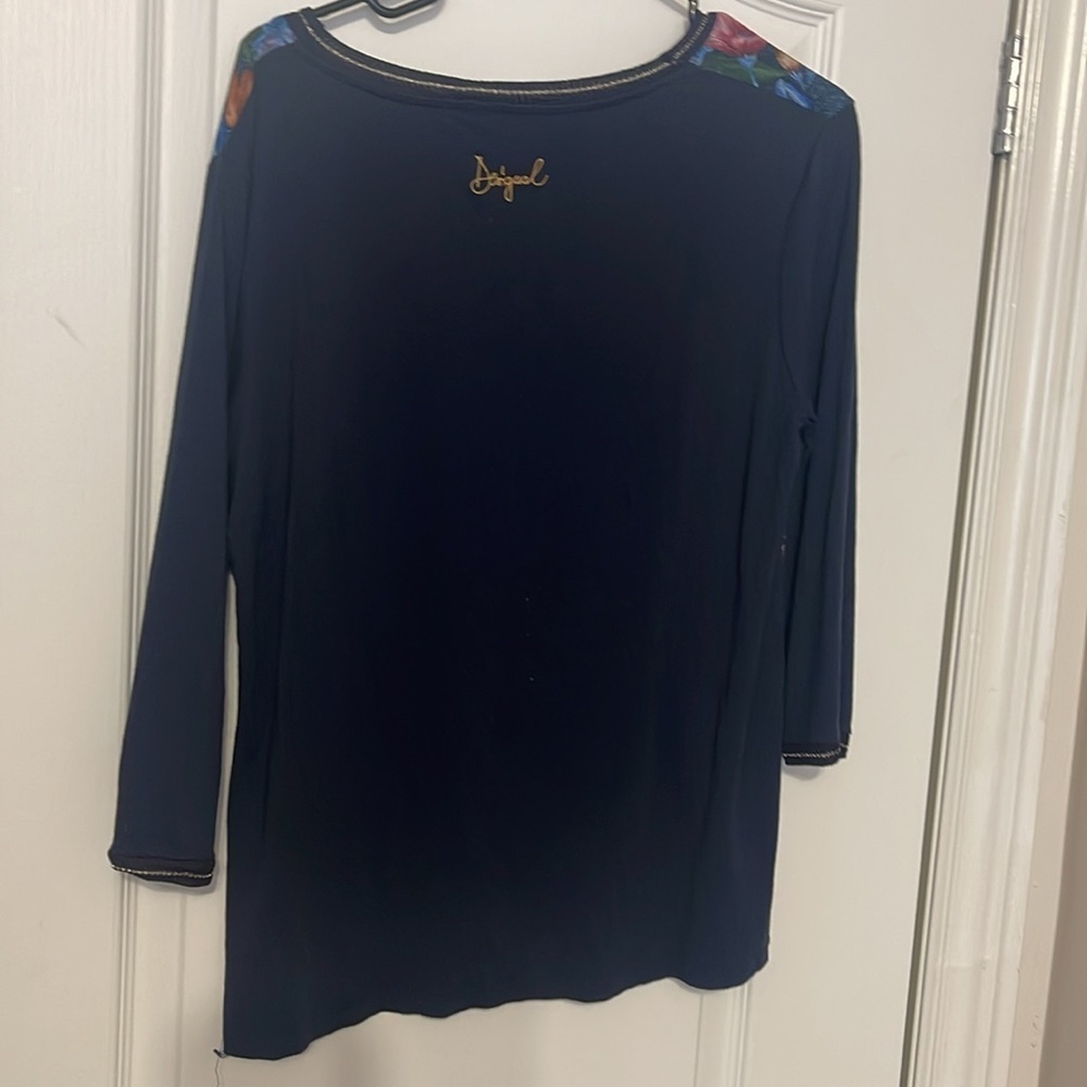 Desigual Blue Graphic Floral Embellished V-Neck Viscose Top Shirt XL - Picture 5 of 5